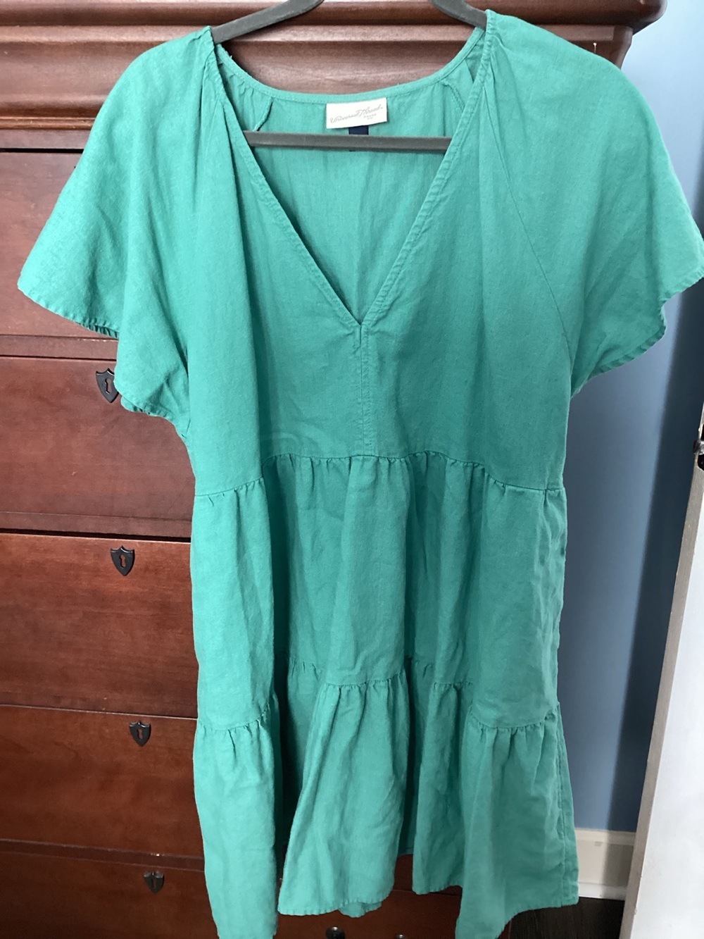 Universal Thread V‑Neck Tiered Linen blend Flutter sleeve mini dress